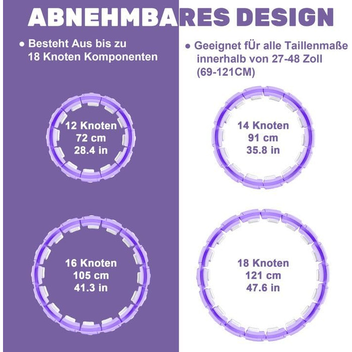 Для дорослих з кольоровими світлодіодними світловими ефектами, обруч Hullahub 121 см для схуднення, фітнес-обруч з ваговим м'ячем, стабільний і тихий хула-хуп для схуднення особливо підходить кольоровий світлодіодний фіолетовий