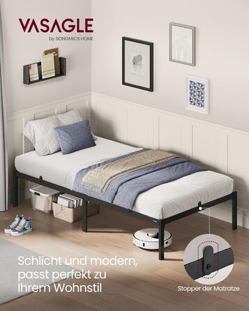 Каркас односпального ліжка VASAGLE, Ліжко, 90 x 200 см, Металеве ліжко, Каркас ліжка, Місце для зберігання під ліжком, Сучасне, Гостьове ліжко, Легке складання, Чорно-чорний RMB132B01 90 x 200 см Висота - 35,6 см