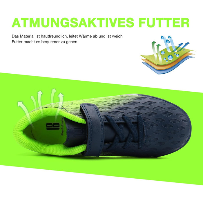 Взуття для критого футболу JABASIC для дітей, хлопчиків та дівчаток, штучний газон, розмір 32 EU, темно-синій та лимонно-зелений