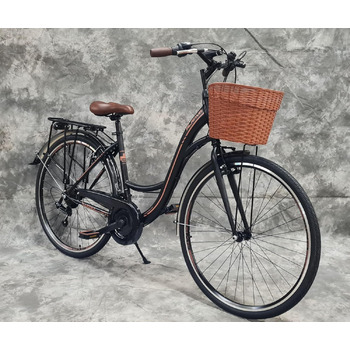 Звичайний жіночий міський велосипед Umit ALANYA 28″, 21-швидкісний перемикач швидкостей, багажник та кошик, НОВИЙ 2810-чорний