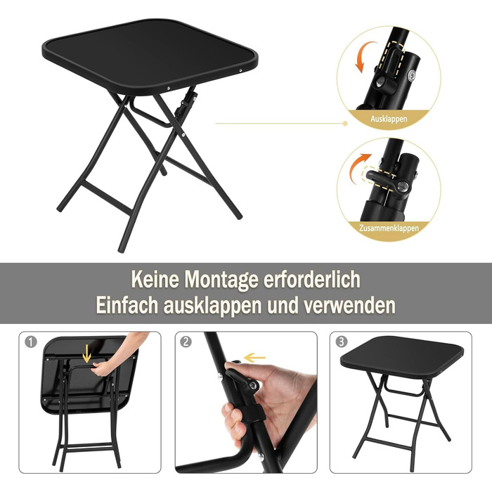Складаний стіл eSituro, складний бічний столик, балконний стіл, кемпінговий стіл, садовий стіл, бістро-стіл, з металевим каркасом, прямокутна стільниця із загартованого скла, 46x46x48 см, чорний