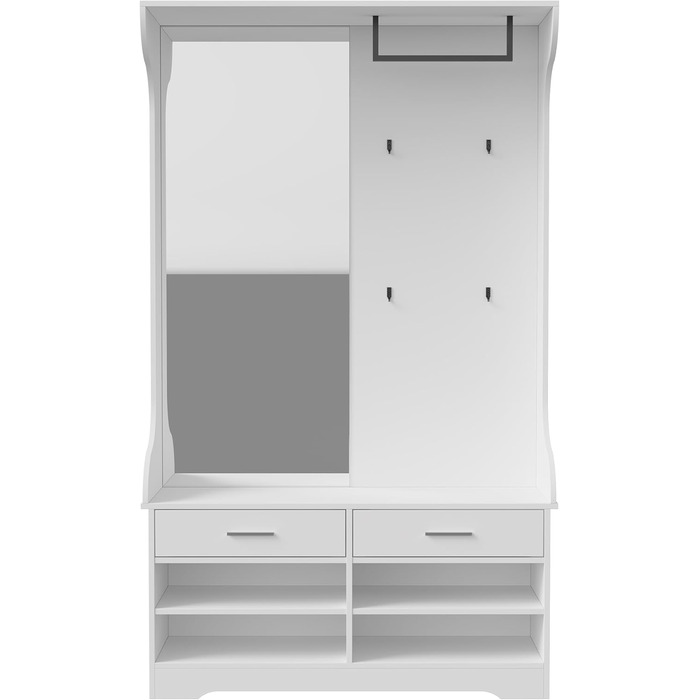 Вішалка для одягу з лавкою для взуття та дзеркалом, сучасна вішалка для одягу з гачками та підставкою для одягу, шафа для передпокою з функцією взуттєвої шафи та 2 шухлядами для вітальні (104x35x180 см)