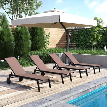 Комплект із 2 предметів Шезлонг на колесах, Садовий шезлонг з регульованою спинкою та швидковисихаючою тканиною, Шезлонг на колесах витримує до 150 кг, Шезлонг для саду, балкону, тераси (коричневий) 2 коричневих