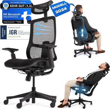 Ергономічне офісне крісло M5, переможець тесту, регульована по висоті спинка та регульована глибина сидіння, пінний матеріал для сидіння, письмове крісло для здорової спини, навіть для високих людей, крісло керівника з м&39яким сидінням M5 (чорне)