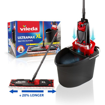 Комплект швабри для підлоги Vileda Ultramax XL 2в1 42 см, довжина ручки 75-130 см з ручкою з чохлом з мікрофібри та відро з електроприводом