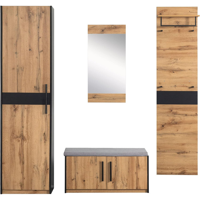 Шафа для одягу 4 предмети з дзеркалом і лавкою, Шафа для одягу, Меблі для гардеробу, Стильна компактна шафа для одягу з 4 гачками,