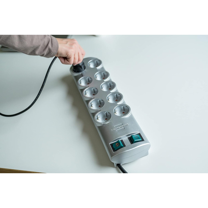 Багаторозеткова розетка 10-кратна (багаторозеткова розетка з 2 вимикачами на 5 розеток кожен і кабелем 2м) срібляста срібляста оди