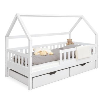 Ліжко Ehrenkind Lille House Дитяче ліжко зі знімними захисними поручнями з масиву дерева, сертифіковане FSC, включаючи шухляди Ліжко House 90x200 Дитяче ліжко 90x200 Біле 90 x 200 см з шухлядами
