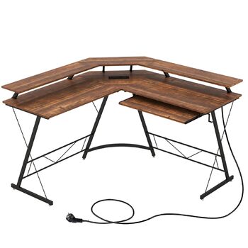 Кутовий стіл LIFEZEAL L-подібної форми, комп&39ютерний стіл з кріпленням для монітора, стіл із зарядною станцією, підставкою для клавіатури та гачком для навушників, кутовий стіл для дому, офісу, спальні (коричневий)