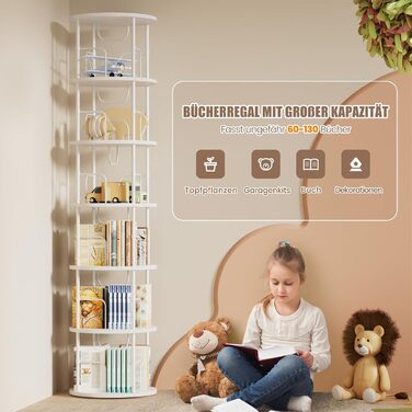 Звичайна книжкова полиця, що обертається на 360, підлогова дерев&39яна книжкова шафа, книжкова полиця з 6 полицями, регульовані полиці, стояча полиця, 4545193 см, білий колір, 6 полиць