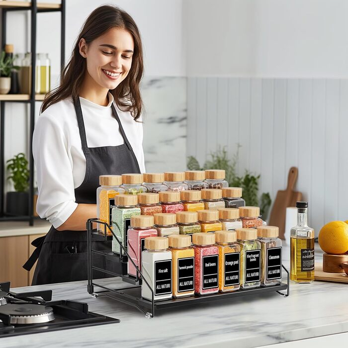 Підставка для спецій, чорна, кухонна полиця, зберігання спецій, кухня, для стільниці, органайзер для шафи, складаний металевий тримач для спецій, ширина 34 см, чорний, 1 упаковка