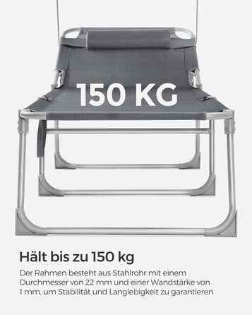 Шезлонг SONGMICS, розкладний крісло-реклайнер, 193 x 53 x 29 см, витримує до 150 кг, сонцезахисний козирок, підголівник, регульована спинка, для саду, басейну, патіо, темно-сірий GCB19UV1 темно-сіра подушка не входить до комплекту