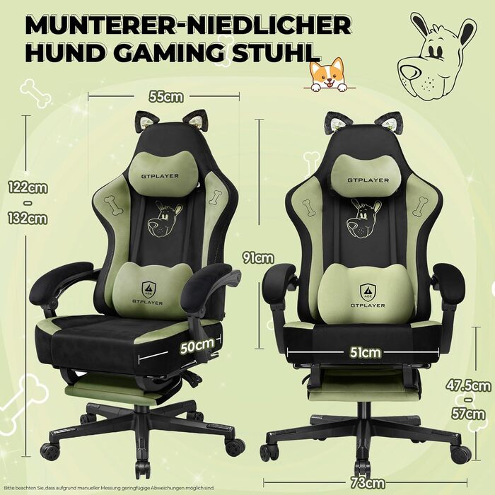 Миле ігрове крісло з оксамитовою тканиною, ергономічне офісне крісло, ігрове крісло з котячими вушками, піною з ефектом пам&39яті та підставкою для ніг, 150 кг, зелена тканина