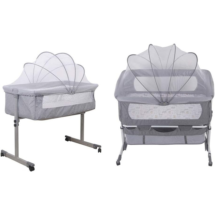 Дитяче ліжечко, регульована колиска, мобільне ліжечко, ліжечко з москітною сіткою та колесами, переносне ліжко для немовлят/новонароджених (92 * 58 * 70-90 см/сіро-білий) 92*58*70-90 см/сіро-білий