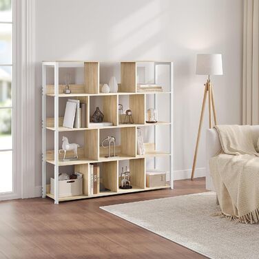 Окремостояча полиця eSituro, 4-ярусна книжкова шафа, полиця для зберігання, кухонна полиця, кутова полиця, окремостояча полиця з пристроєм проти перекидання, виготовлена з металу, 120x30x120 см, світлий дуб білий