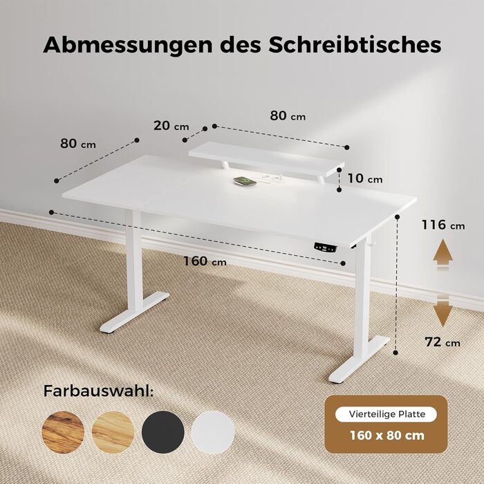 Електрично регульований по висоті стіл 160 x 80 см зі світлодіодною стрічкою, USB-портом та регульованою підставкою для монітора, стіл для роботи стоячи з 4-секційною стільницею, комп&39ютерний стіл, білий 160 x 80 см зі світлодіодним підсвічуванням
