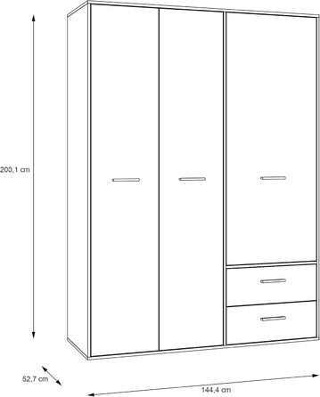 Шафа 140 150, біла шафа, шафа з орними дверима, 3 двері, з 2 шухлядами та полицями, біла, 145 см завширшки x 53 см завглибшки x 200 см заввишки. Біла 145 x 200 x 53 см, 3 двері