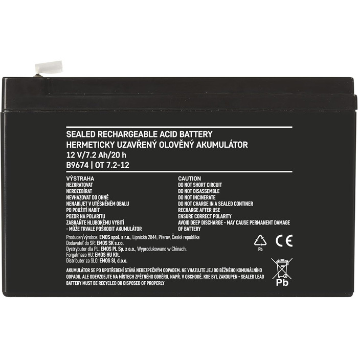 Свинцево-кислотний акумулятор, що не потребує обслуговування - 12 В 7,2 Аг - AGM акумулятор - роз&39єм Faston 6,3 мм - для пристроїв ДБЖ, сигналізації - 151 x 65 x 94 мм чорний 151 x 65 x 94 мм