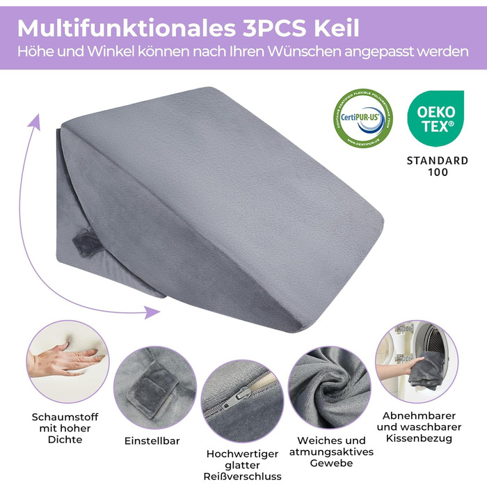 Регульована клиноподібна подушка Babenest з піною високої щільності, ергономічна подушка для спини ліжка та дивана, рефлюксна подушка для читання, сну, ігор, перегляду телевізора (Greu)