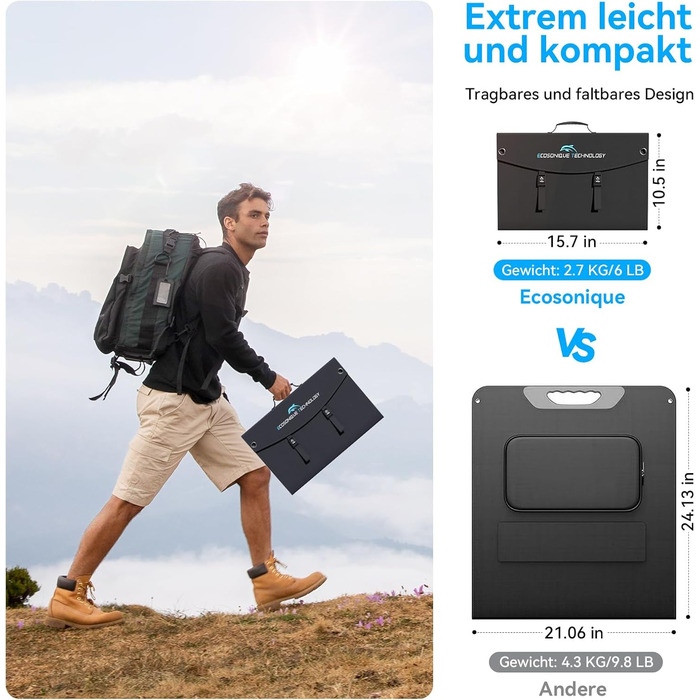 Портативний складаний зарядний пристрій для сонячних панелей Ecosonique потужністю 100 Вт із швидкою зарядкою та USB-C PD3.0, USB-A QC3.0, DC 20 В, легкий, з підставкою для кемпінгу, сонячних генераторів, мобільних телефонів, зовнішніх акумуляторів