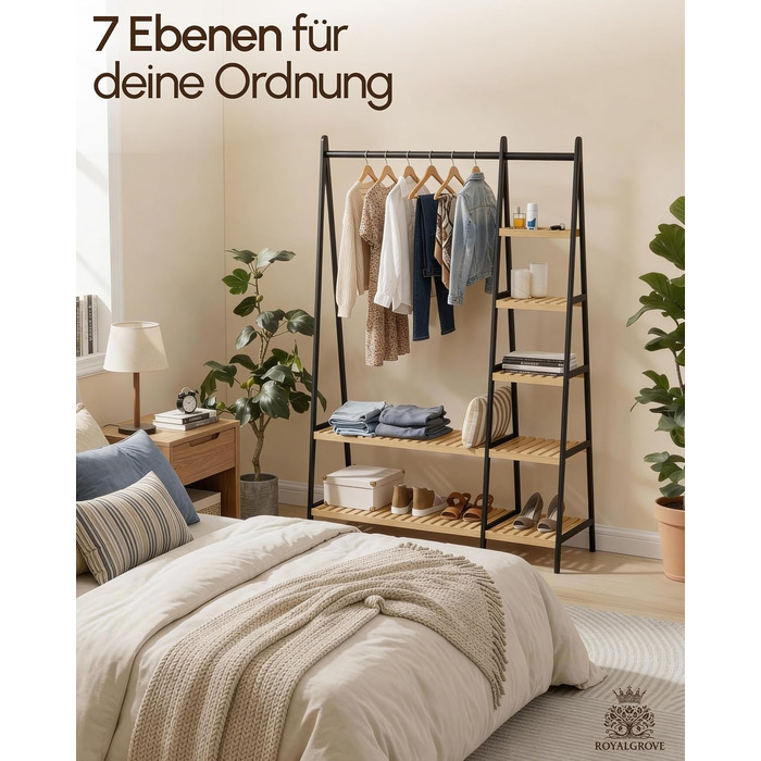 Вішалка для одягу, штанга для одягу, підставка для гардеробу, 44 x 110 x 160 см, шафа, полиця для взуття, відкрита шафа, 7 полиць, спальня, передпокій, бамбук, чорний