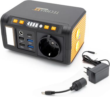 Міні-зарядна станція Technaxx TX-205 зі світлодіодною панеллю, лампою, 5 портами USB - 74 Втгод, портативним зарядним пристроєм 230 В з вбудованим розетком для ноутбука, мобільного телефону, міні-холодильника тощо, сумісна із сонячними зарядними пристроям