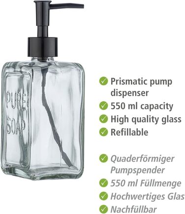 Дозатор для мила WENKO Pure Soap, багаторазовий дозатор для рідкого мила з високоякісного скла, великий дезінфікуючий дозатор для