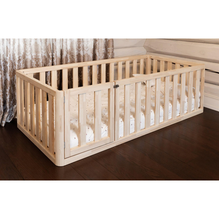 Ліжко Монтессорі, підлогове ліжко з дверцятами, ліжко з захисними поручнями, дитяче ліжко, дерев&39яне ліжко з каркасом для хлопчиків та дівчаток, манеж, ігровий майданчик, 160x90 см, натуральне дерево 160x90 см натуральне дерево - отвір для ліжка ліворуч