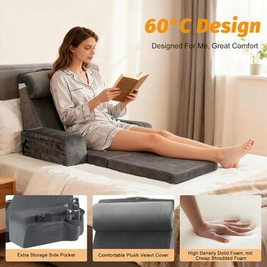 Велика подушка для читання зі знімною спинкою, ергономічна подушка для спини з підлокітником, кишенею та чохлом, який можна прати, для читання та перегляду телевізора (сіра)