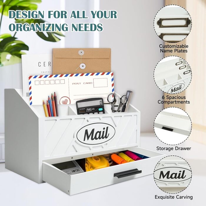 Дерев&39яний настільний органайзер для пошти, робочий органайзер для пошти з 6 відділеннями та шухлядою для офісу, школи, рахунків та документів, білий дерев&39яний настільний органайзер