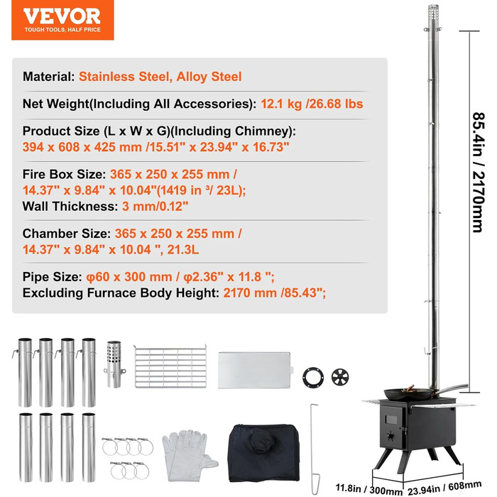 Піч для намету VEVOR 394 x 608 x 425 мм піч для кемпінгу 365 x 250 x 255 мм розмір камери садова піч піч для кемпінгу піч для майстерні піч дров'яна піч відкрита піч відкрита кухня для кемпінгу відкрите опалення вуглецева сталь