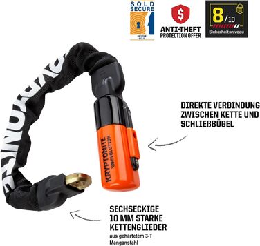 Міні-інтегрований ланцюговий замок Kryptonite Evolution 1055 - 55 см, клас безпеки 8/10, протиугінний велосипедний замок, зі сталевим ланцюгом 10 мм та 3 ключами, чорний одинарний