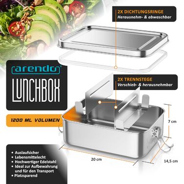 Ланчбокс з нержавіючої сталі 1200 мл з відділеннями два знімні роздільники герметичний завдяки силіконовій прокладці безпечна для харчових продуктів нержавіюча сталь для дітей та дорослих
