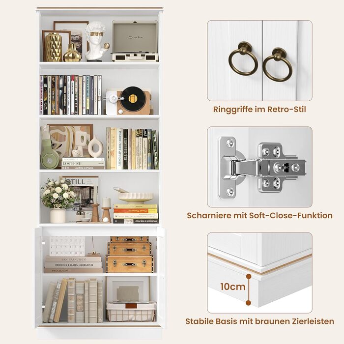 Книжкова полиця HOCSOK заввишки 188 см, окремостояча полиця з 7 полицями, книжкова шафа з натуральною деревною текстурою, полиця для зберігання речей для кабінету, офісу, вітальні, 1886030 см, білий