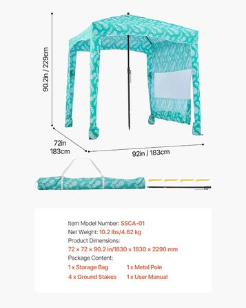 Пляжний навіс VEVOR 183 x 183 см з бічною стінкою, захист від сонця UPF 50, пляжний павільйон з мішками з піском, портативна парасолька від сонця для всієї родини та друзів, світло-зелений візерунок 6*6