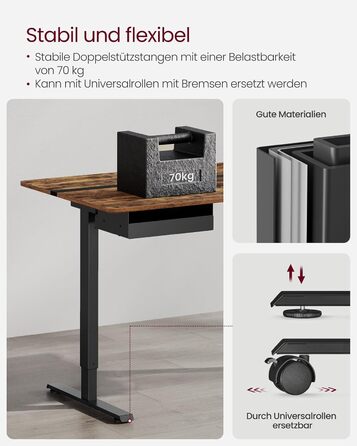 Електричний стіл VASAGLE з регульованою висотою, розеткою та шухлядою, 60 x 140 см, плавне регулювання висоти, функція пам&39яті з 4 висотами, вінтажний коричнево-чорний LSD114X01 140 x 60 см, вінтажний коричневий чорний