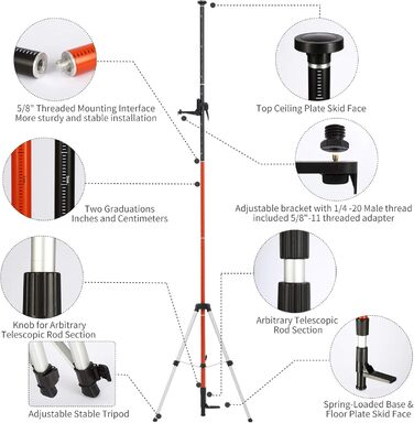 Телескопічний штатив Mountlaser з тримачем для лазера, телескопічною стійкою для поперечного лазера, телескопічною стійкою 3,7 м/12 футів для обертового лазера і поперечного лазера, з гвинтами SP2 з різьбою 1/4' і 5/8' зі штативом