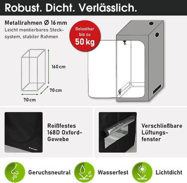 Гроубокс BRAST Growzelt Комплект для вирощування з додатковим обладнанням Різні розміри 60x60x140-120x60x180 см LED технологія повного спектру Система вентиляції та поливу Водонепроникний та світлонепроникний 70x70x160 см XL