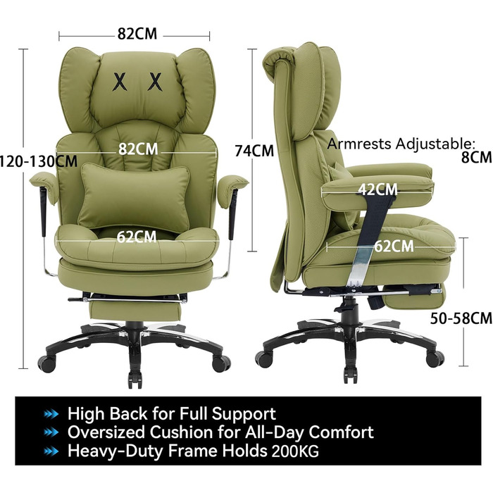 Офісне крісло Efomao, велике та високе крісло зі штучної шкіри X-Embroidery для дому, регульоване ігрове крісло з високою спинкою, поворотне крісло керівника 200 кг з підставкою для ніг та поперековою опорою, оливково-зелене 3070eu-olive Green