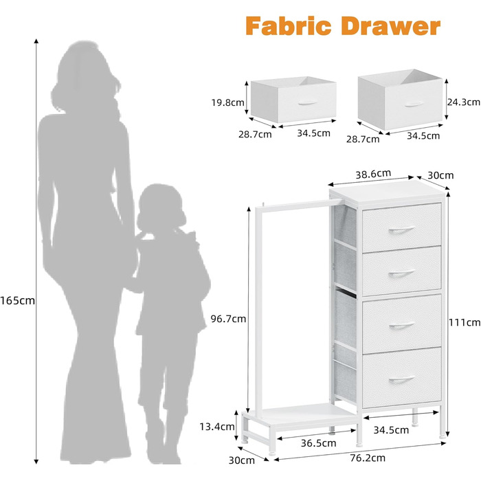Комод заввишки 111 см з 4 тканинними шухлядами, маленький комод з вішалкою для одягу, білий комод для спальні, вітальні, коридору, передпокою, комод для спальні, подарунковий 30Г x 76,5Ш x 111В см (4 шухляди) білий