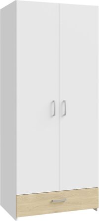 Шафа 80, Класична шафа з двома дверима на петлях та полицею, інженерна деревина, білий/декор дуба Пуччіні, ширина 79,7 см, висота 190,5 см, глибина 54,4 см, білий/коричневий
