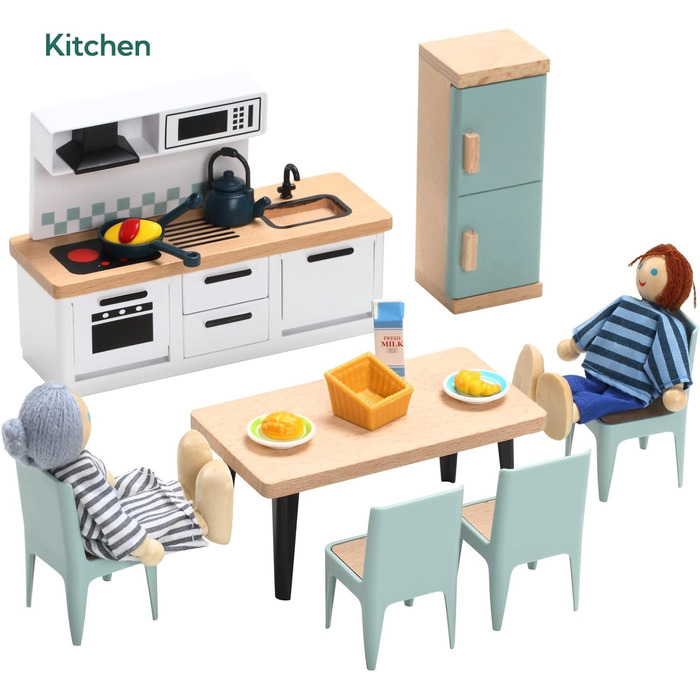 Набір меблів для лялькового будиночка "Гігантська квасоля", дерев&39яний, 36 предметів з 4 сімейними ляльками, аксесуари для ляльок, іграшка для хлопчиків, дівчаток та малюків від 3 років