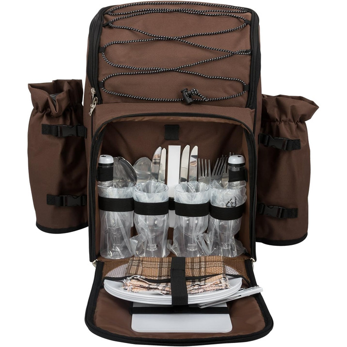 Рюкзак для пікніка Anndora на 4 особи з вбудованою сумкою-холодильником, коричневий з синіми колами, включаючи набір аксесуарів з 29 предметів
