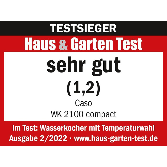 Чайник компактного дизайну CASO WK 2100, потужний 2200 Вт, компактний розмір ємністю 1,2 літра, крок 10 C від 10 - 100 C, знімний фільтр проти накипу для очищення, 1869