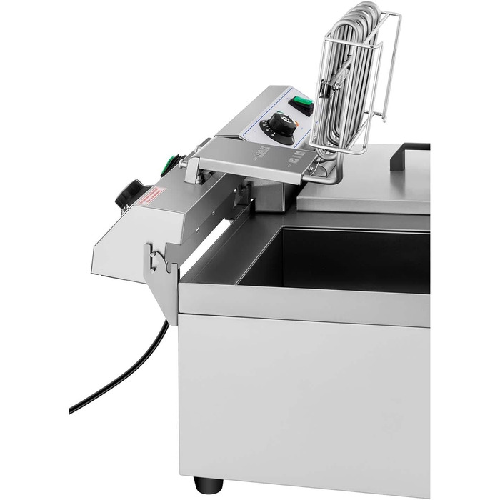 Подвійна фритюрниця з нержавіючої сталі Royal Catering RCEF 10DB (2 x 3,000 Вт, ємність 2 x 10 л, діапазон температур 50-200 C, холодна зона, зі зливними кранами)