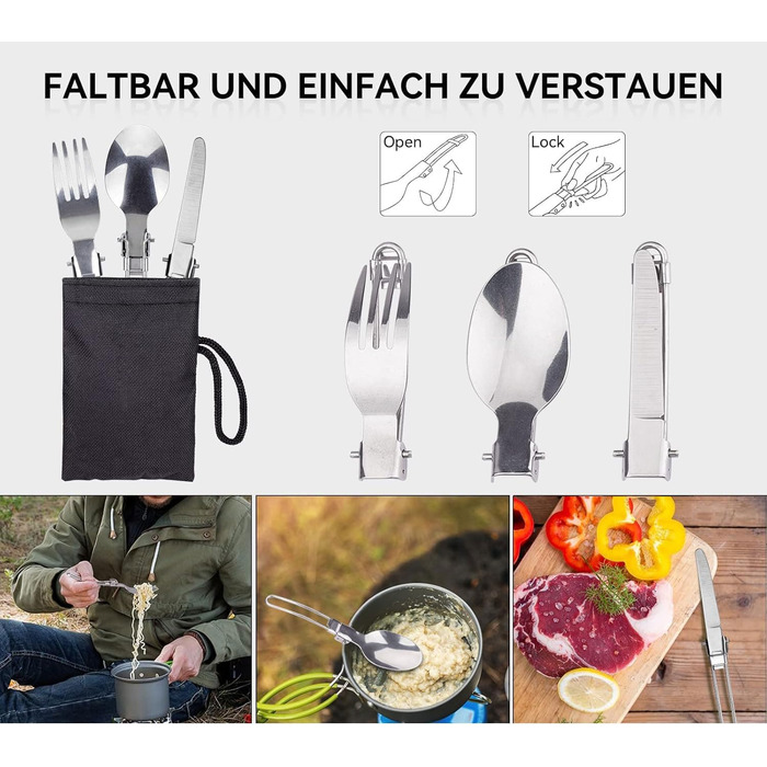 Набір посуду для кемпінгу ERBO, алюмінієвий горщик для кемпінгу, посуд для відпочинку на свіжому повітрі зі складними столовими приборами, кемпінговий посуд для 2 осіб, кемпінговий посуд для походів, риболовлі, пікніків (зелений)