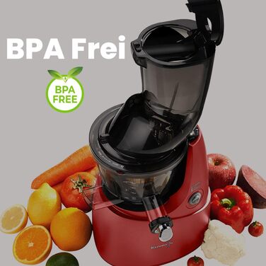 Повільна соковижималка Kuvings B8200 багатофункціональна соковижималка для фруктів та овочів, смузі, сорбетів з двигуном 240 Вт та жолобом подачі 82 мм (матовий темно-червоний)