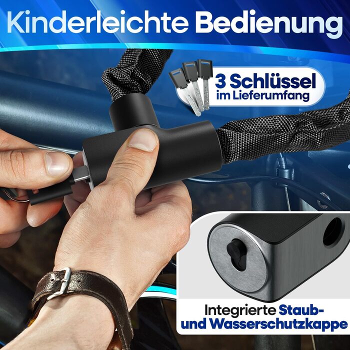 Замок велосипедний LockOne з ключем I - SAFESECURE Високонадійний велосипедний замок I міцний та довговічний ланцюговий замок для велосипеда I Велосипедний замок, 3 ключі, чорний