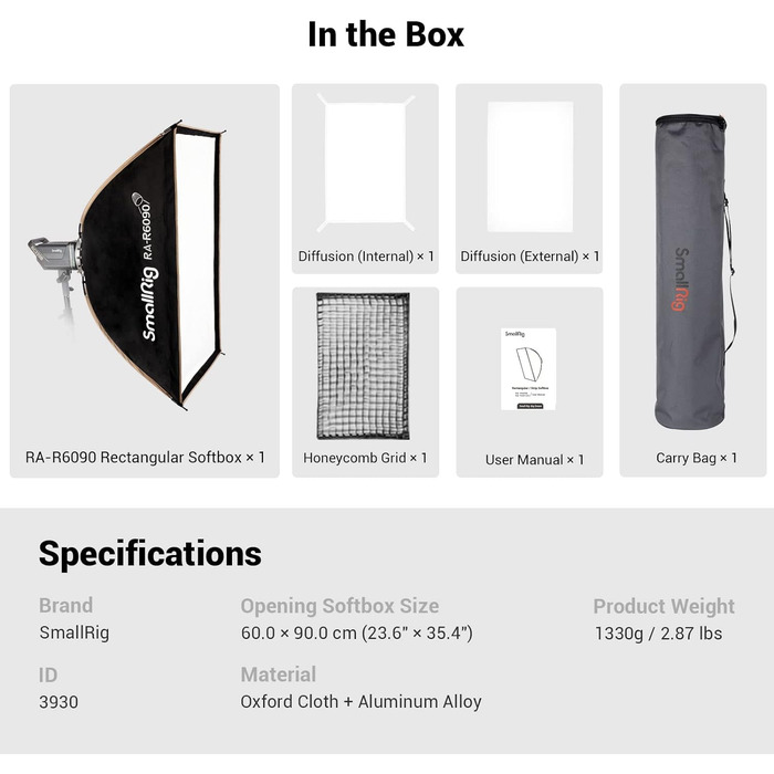 Прямокутний софтбокс SMALLRIG з дизайном швидкого пресування, 60 x 90 см (23,6 x 35,4') Софтбокс з кріпленням Bowens з променевою решіткою та дифузорами для студійного освітлення RA-R6090-3930
