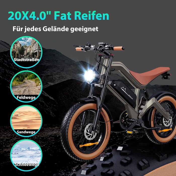 Чоловічий електровелосипед, 20 x 4.0-дюймові всесезонні широкі шини, електричний велосипед з двигуном 250 Вт, акумулятор 48 В 18.2 Аг, 25 км/год, запас ходу до 161 км, картка NFC, 7-ступінчаста коробка передач, гідравлічні гальма, M20